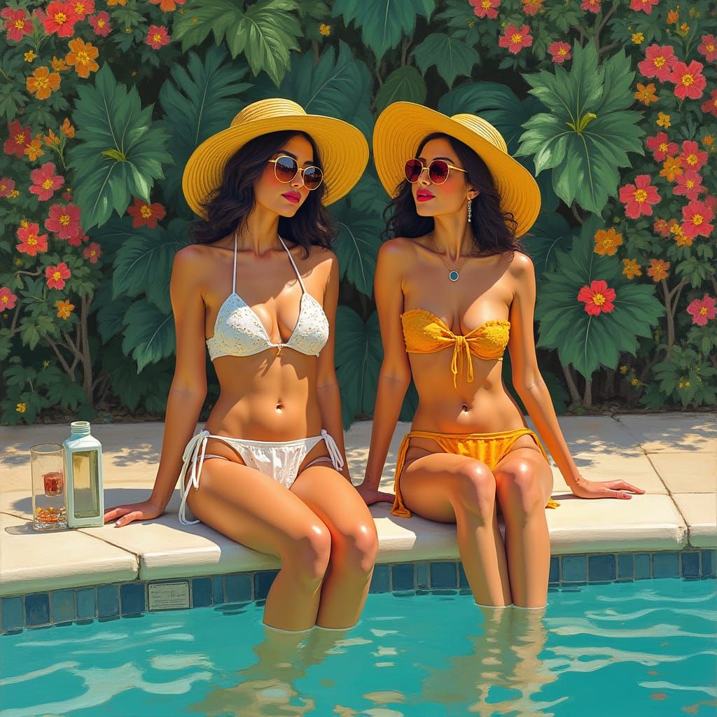 Lush Poolside Scene in Art Nouveau Style