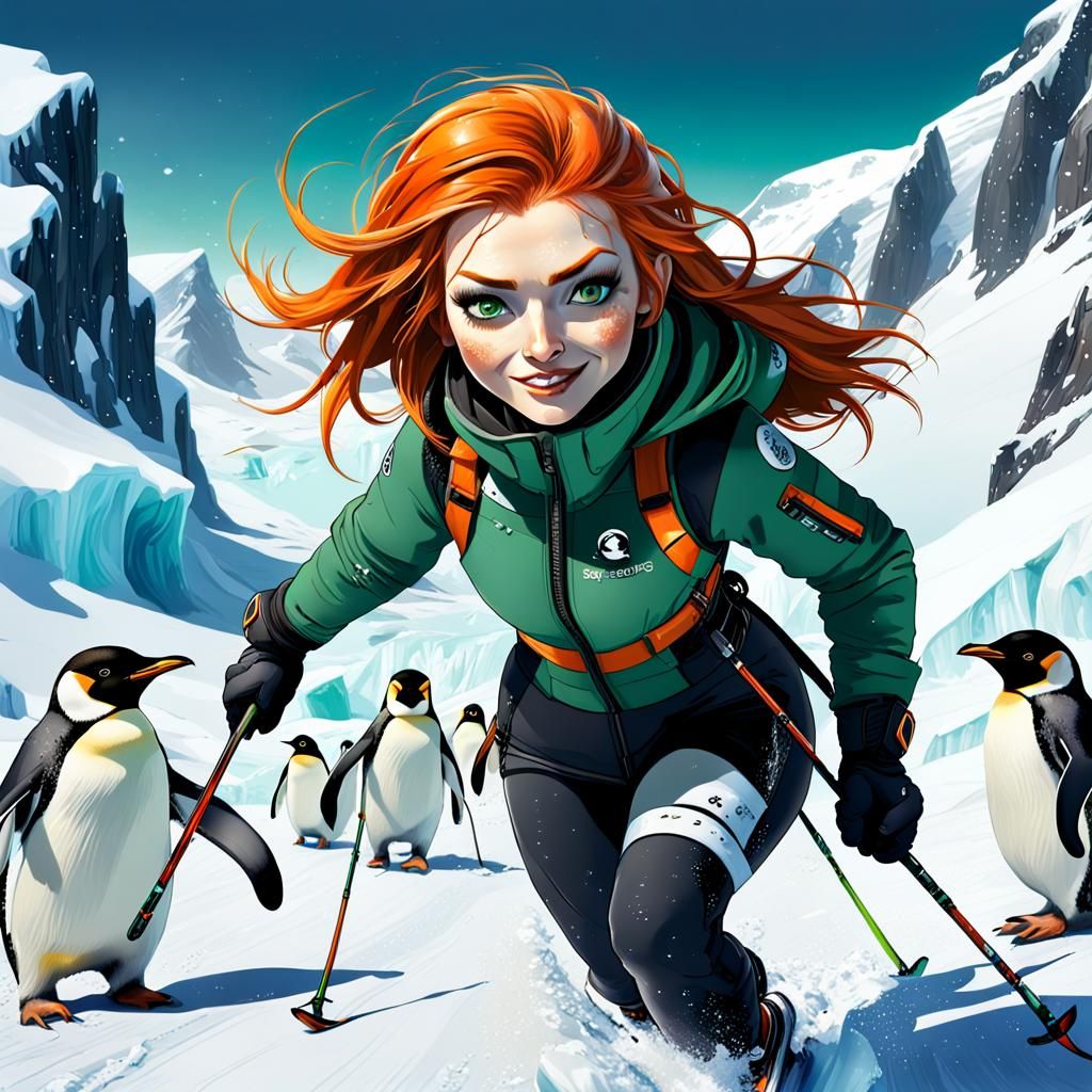 Penguin Girl Skiing in Antarctic Landscape