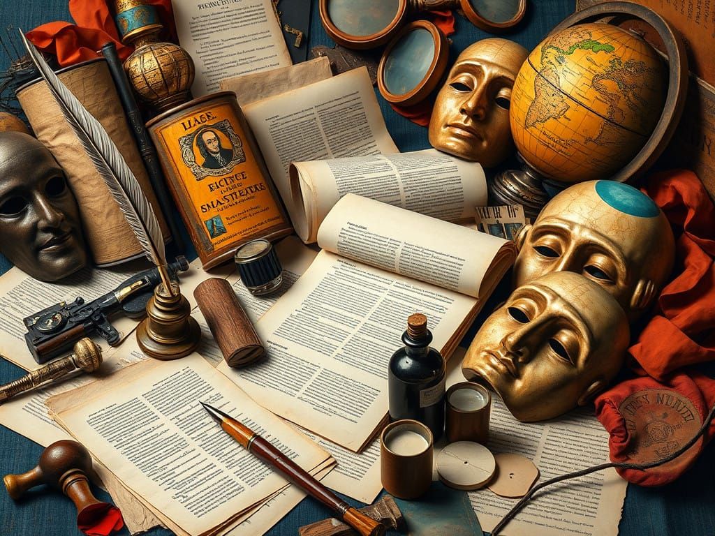 Surrealist Knolling Art of Shakespeare's Tools in Bold Color...