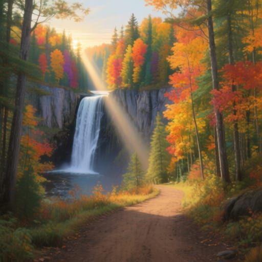 Autumn Forest Waterfall in Hyperrealistic Style