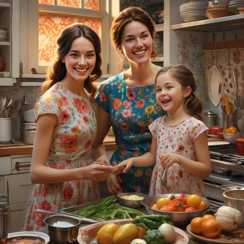 Tradwife and Daughter in Kitchen, Hyper-Realistic Art