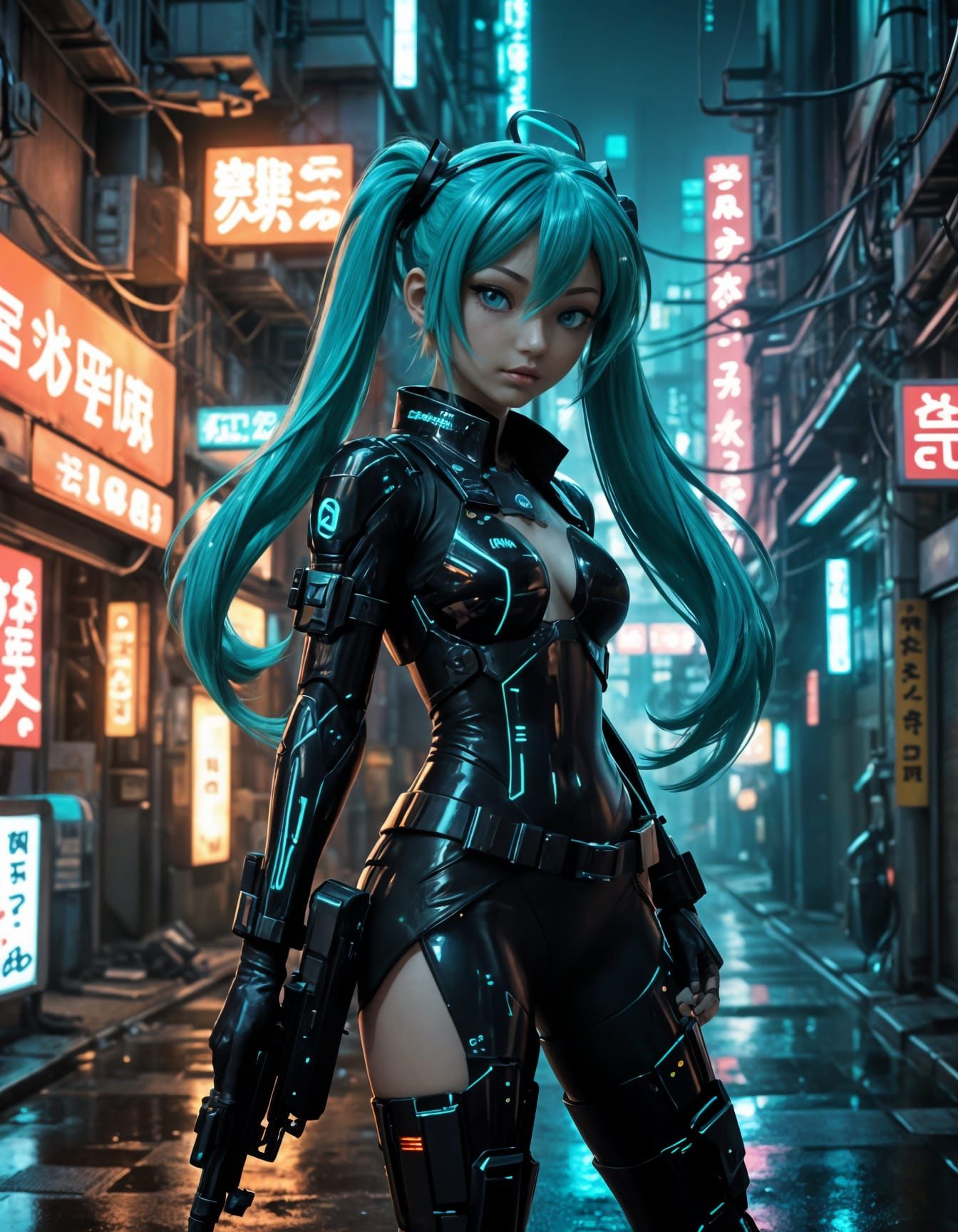 Cyberpunk Hatsune Miku Hacker in Neon Tokyo