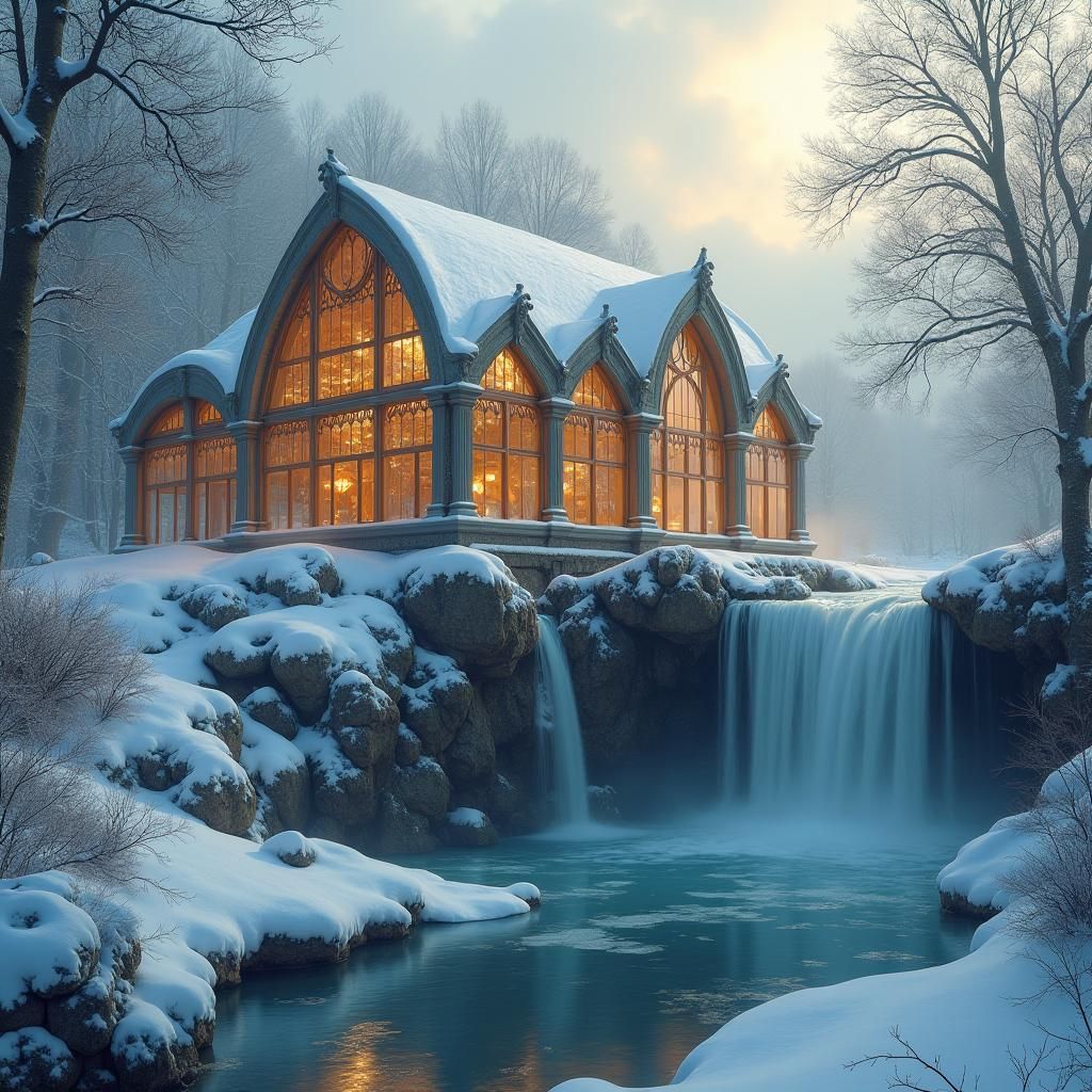 Snowy Greenhouse by Waterfall in Digital Painting Style