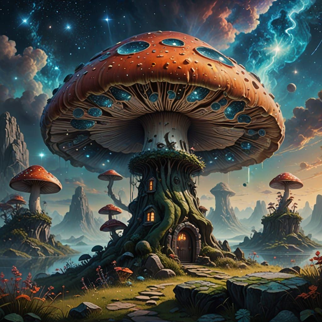 Gigantic Mushroom on Ancient Stone in Dreamlike Landscape