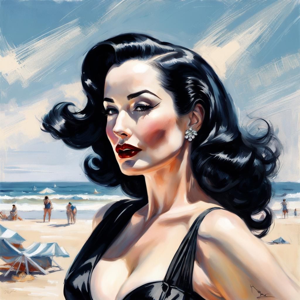 Dita Von Teese Beach Portrait in Pin-Up Style
