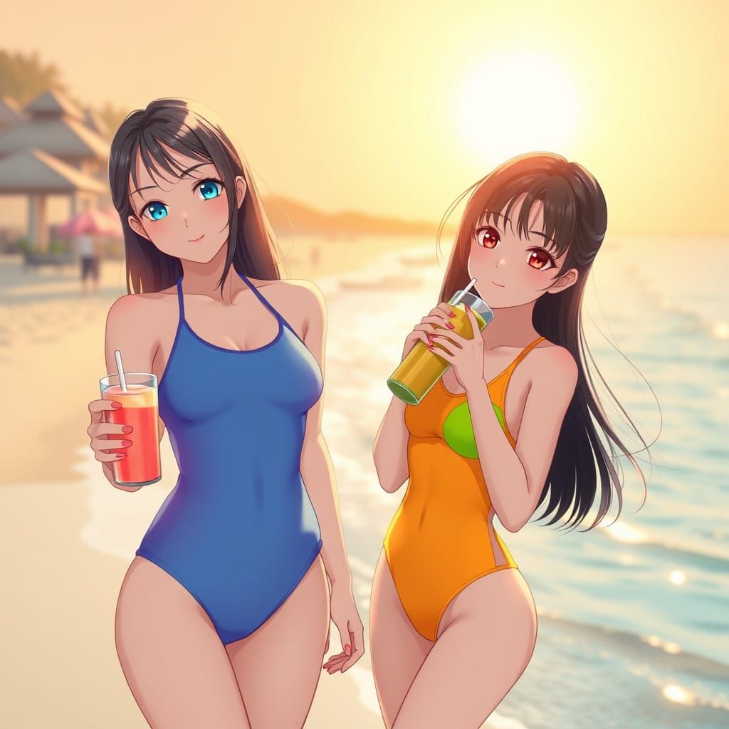 Korean Anime Girls Enjoying Smoothies on the Beach