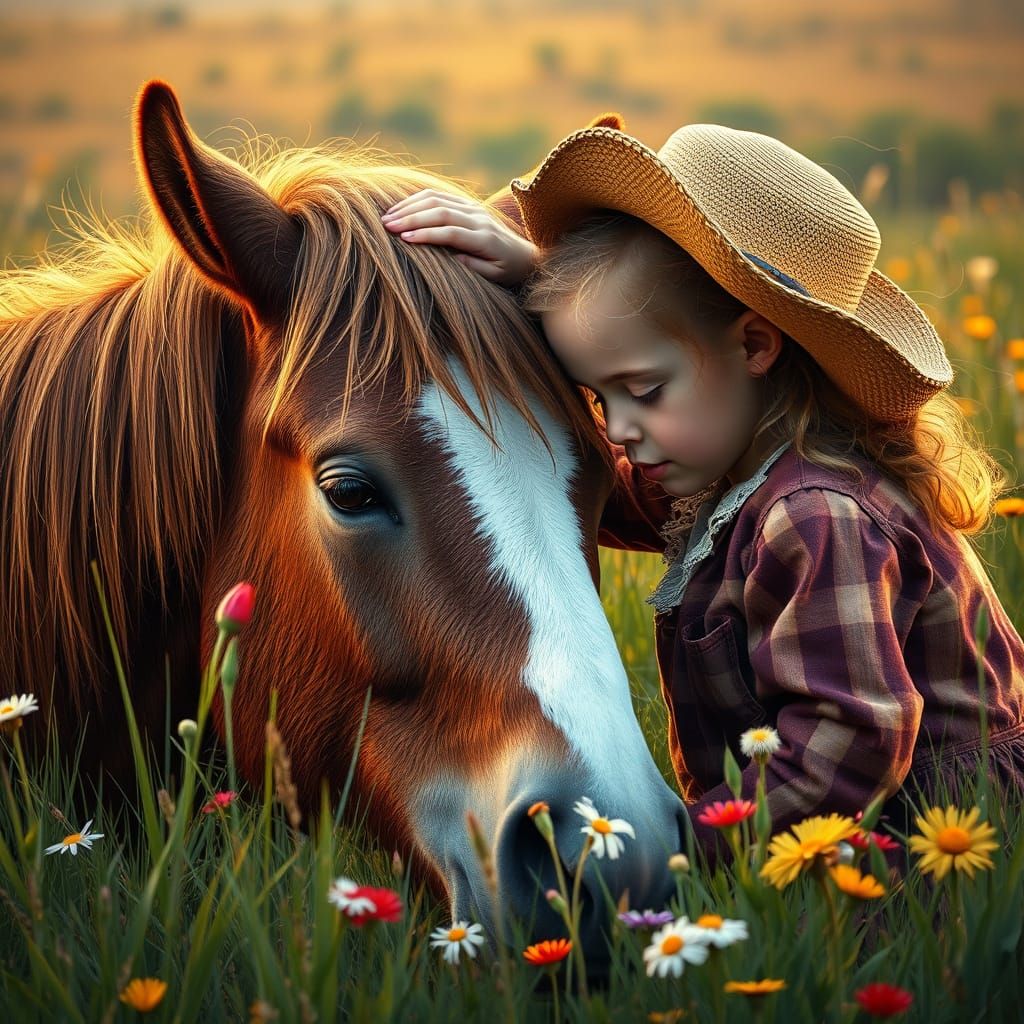 Little Pioneer Girl Tenderly Touches Sleeping Pony's Head in...