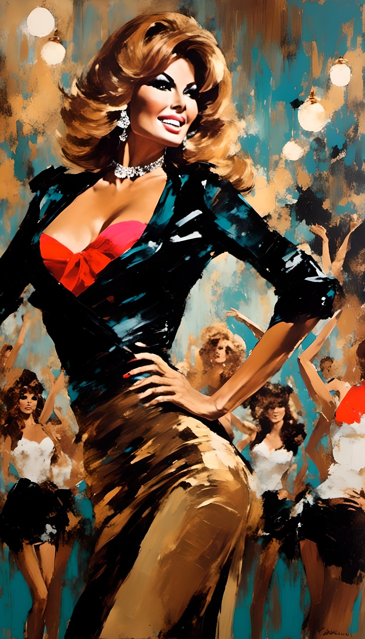 Raquel Welch in 1960s Nightclub, Impressionist Painting