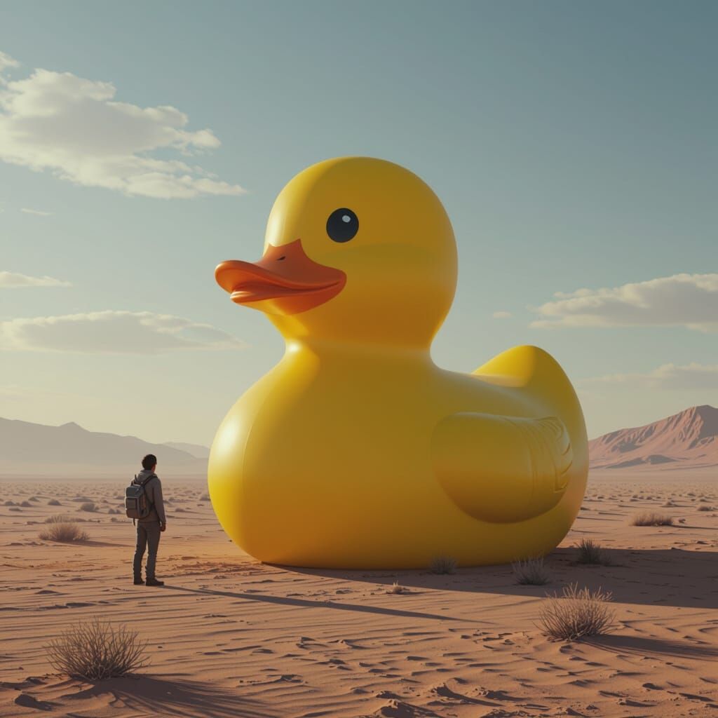 Giant Rubber Ducky Contemplates Life in Desert Landscape