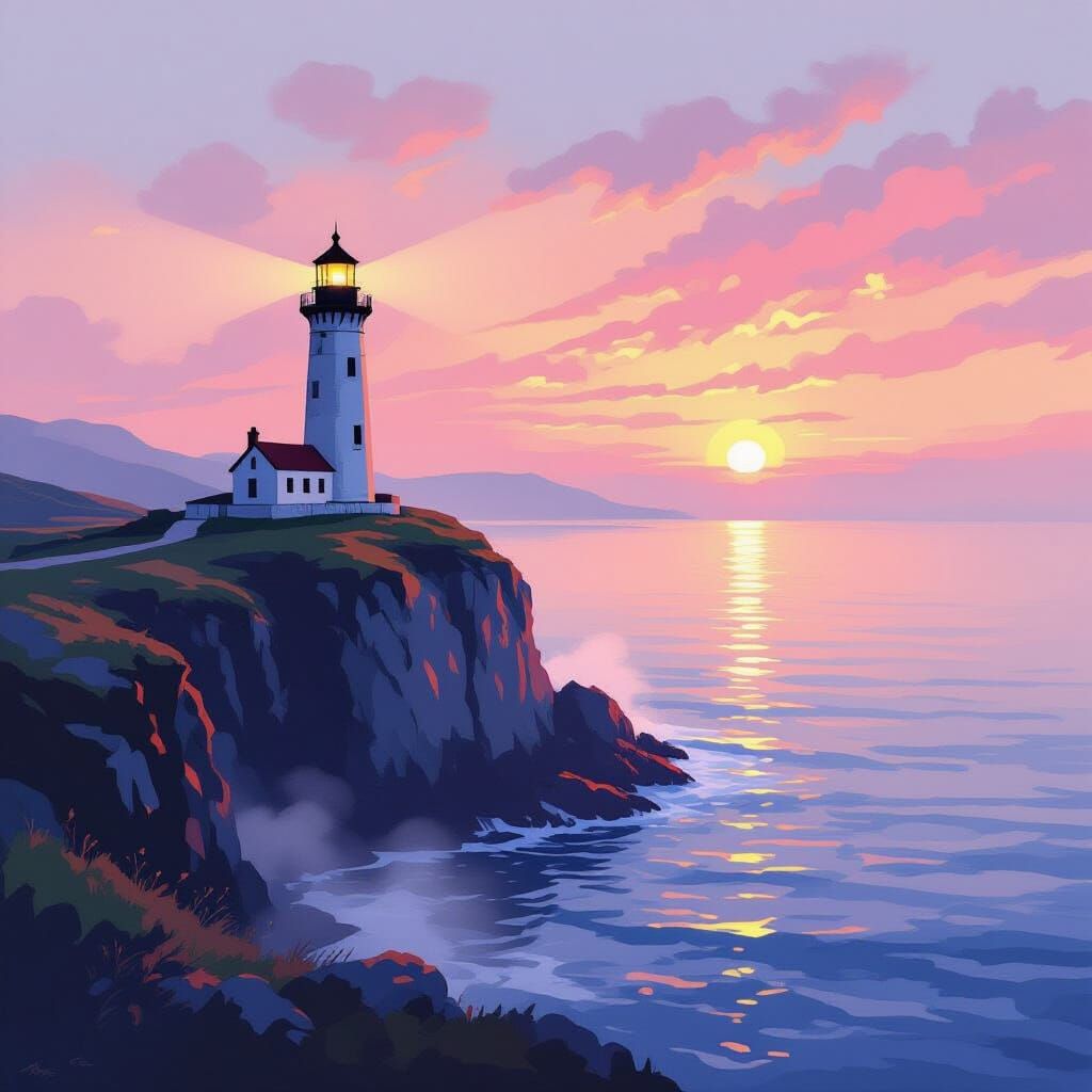 Ancient Lighthouse at Misty Dawn in Romantic Style
