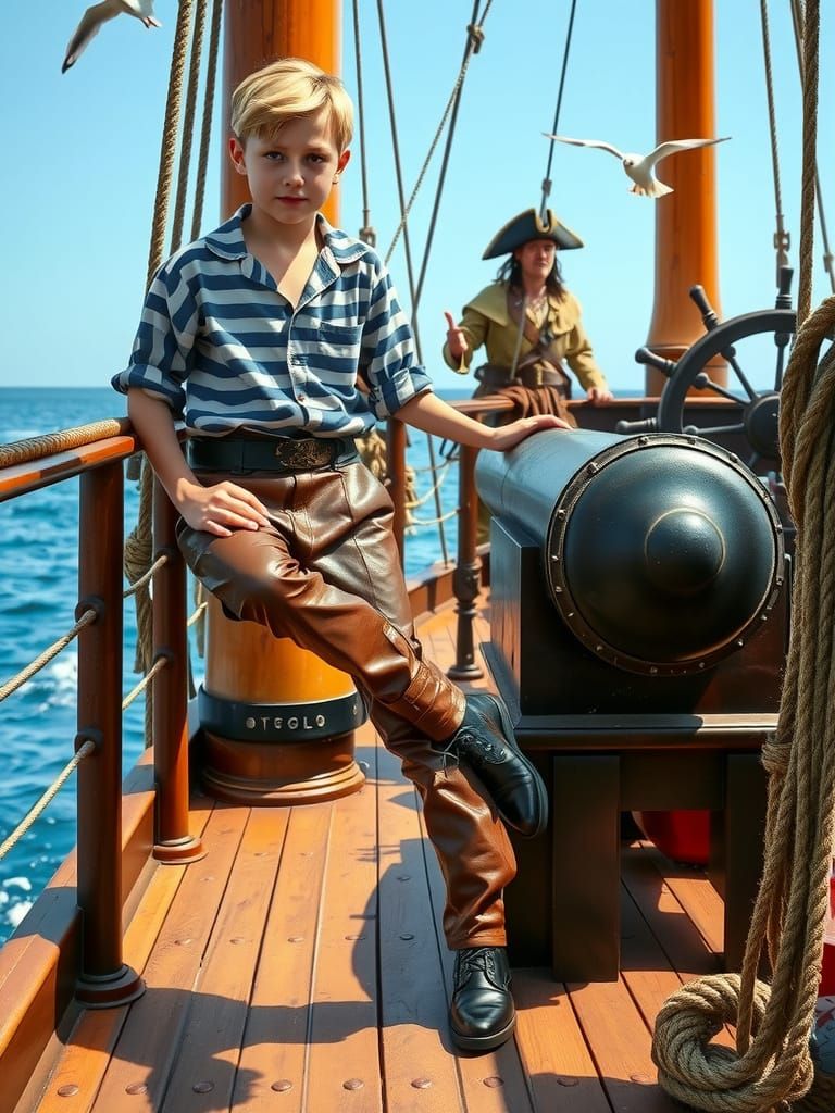 17th Century Cabin Boy Leans on Cannon at Sea