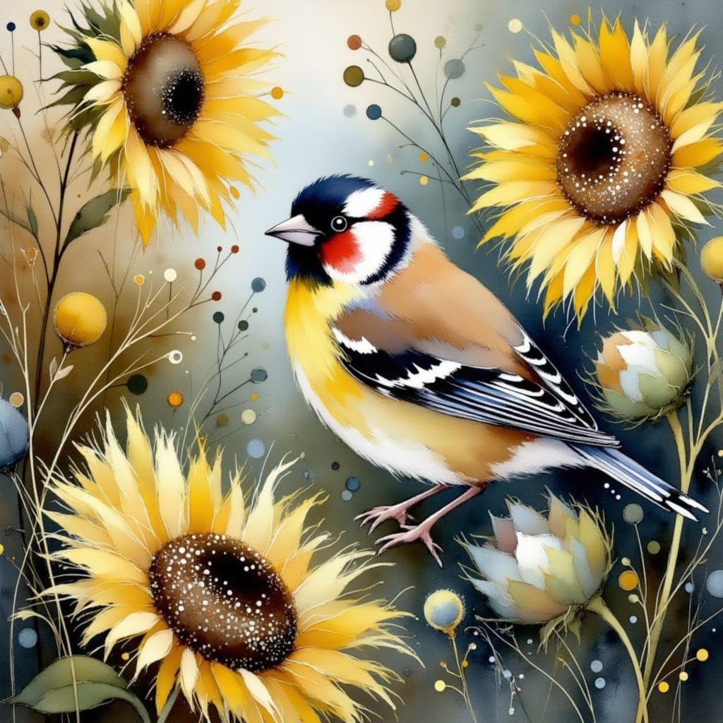 Intricately Detailed Still Life of Goldfinch and Sunflower