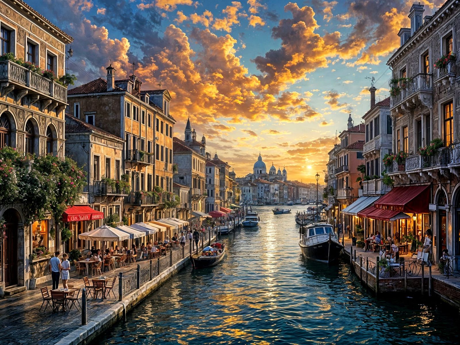 Textured Oil Painting of a Lively Venice Harbor at Sunset