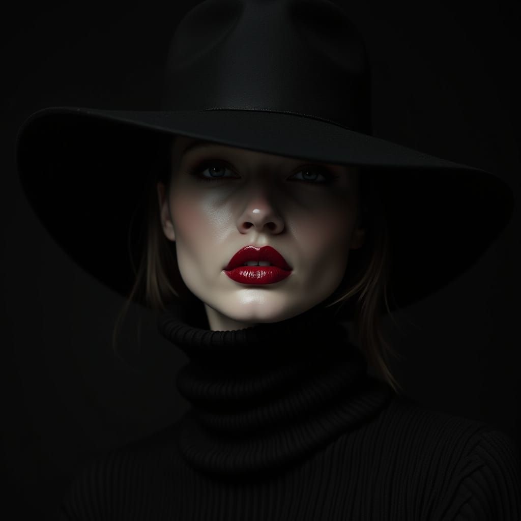 Elegant Woman in Black Hat: A Hyperrealistic Portrait
