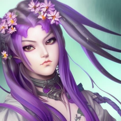 Purple Haired Woman Portrait in Detailed Digital Art