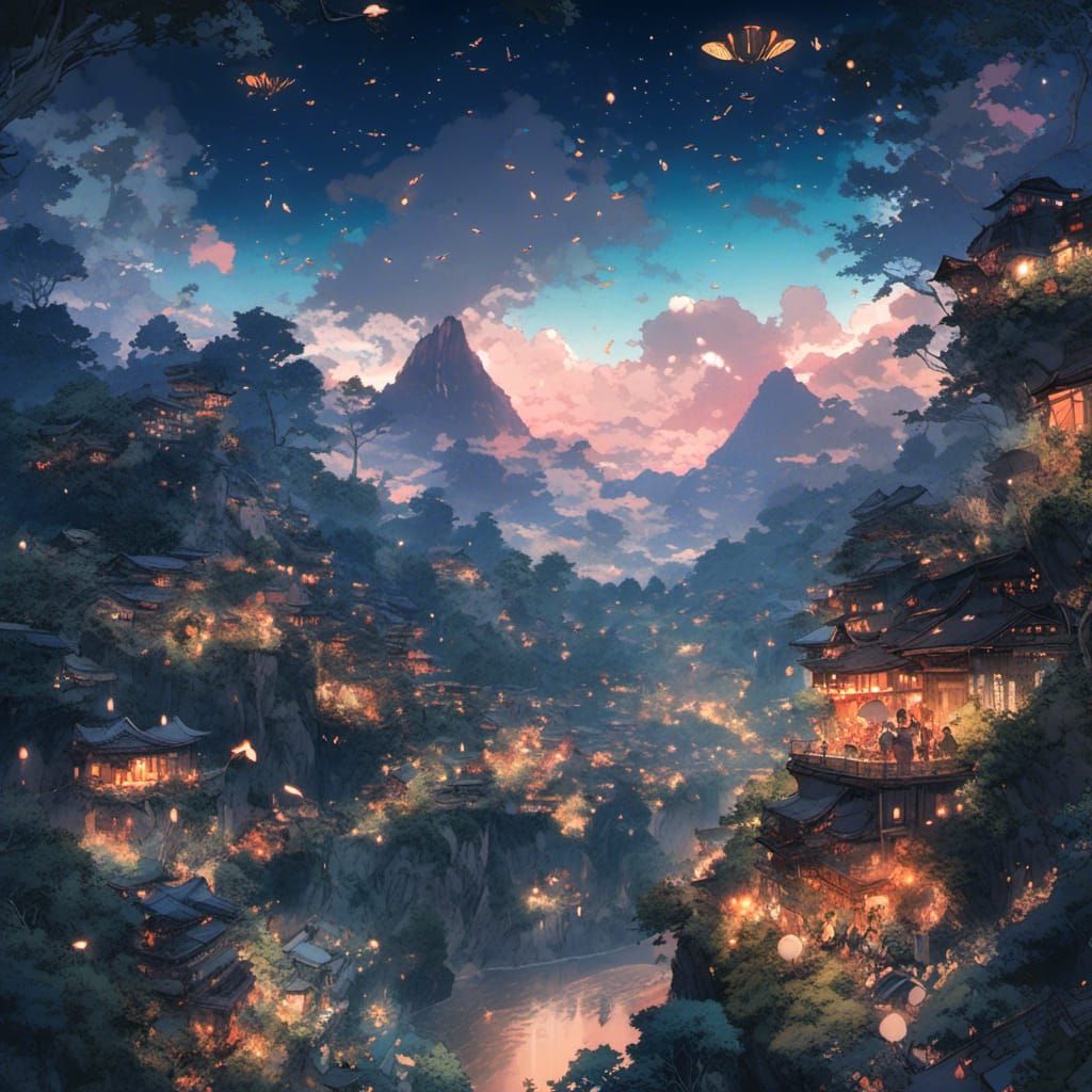 Fireflies at Night in Anime Art Style