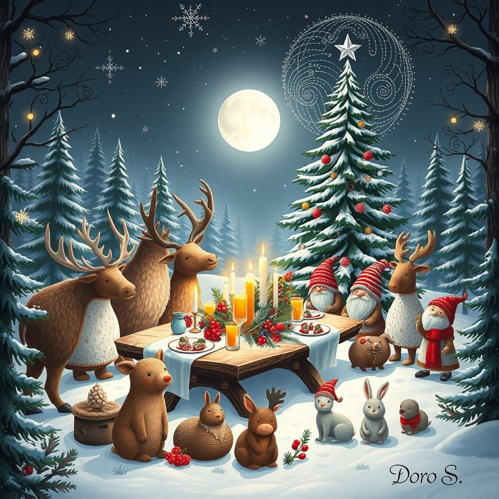 Enchanting Scandinavian Christmas Scene in Whimsical Forest