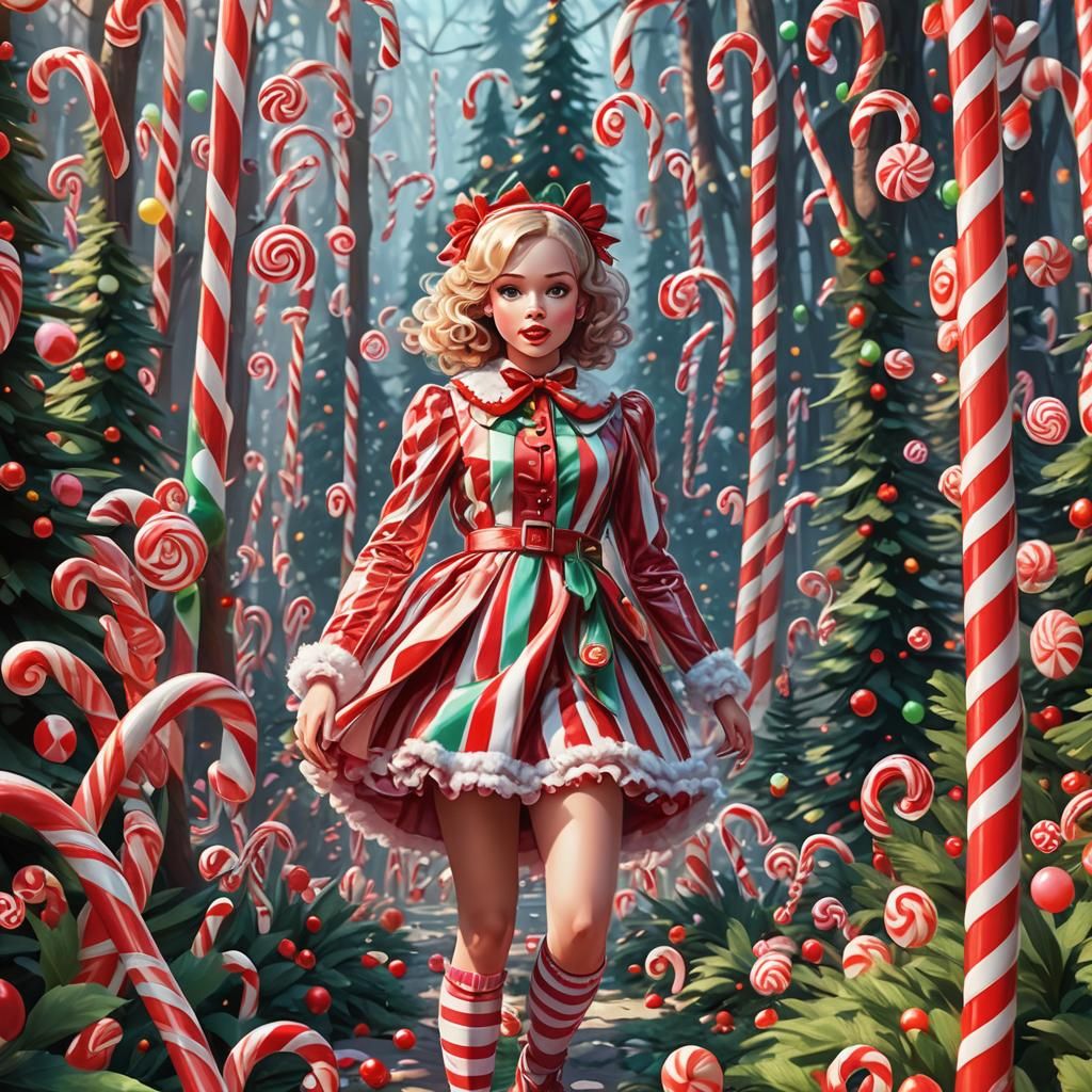 Miss Gumdrop in a Hyperrealistic Candy Cane Forest