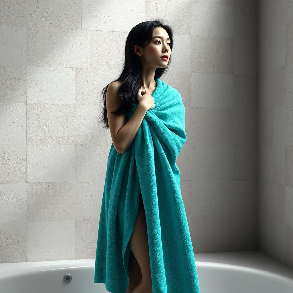 Elegant Woman in Turquoise Towel: Mucha and Rutkowski Style