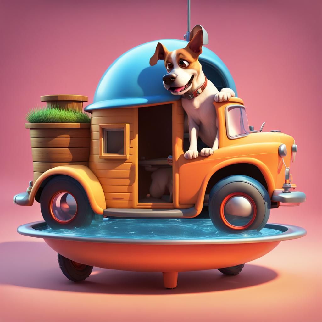 Dog House with Water Car: Pixar-Style 3D Art