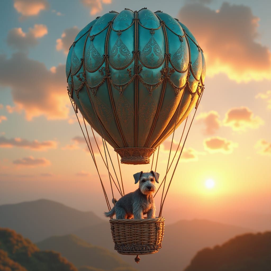 Schnauzer in Hot Air Balloon at Sunrise