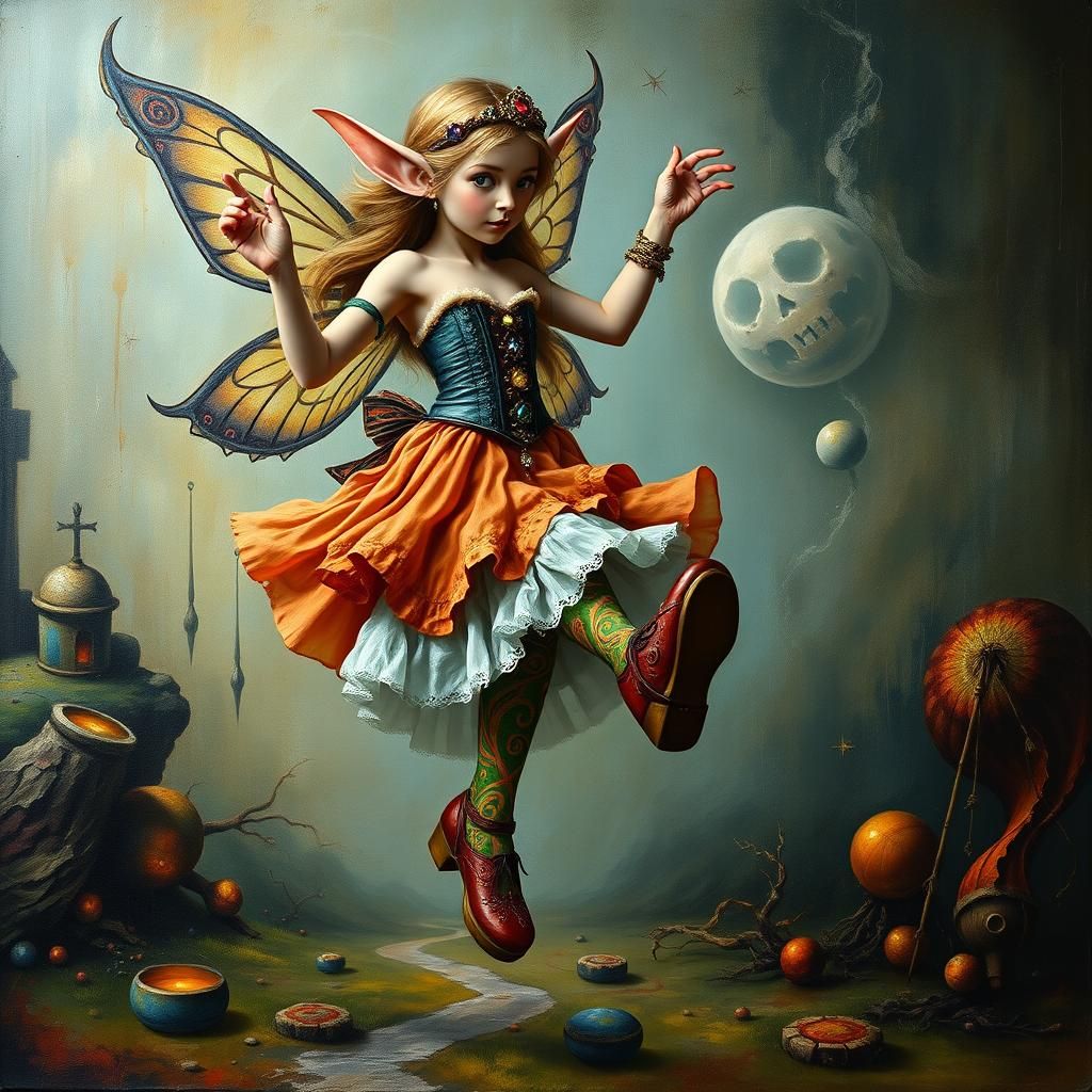 Fairy Elf Clog Dance in Surreal Impasto Landscape