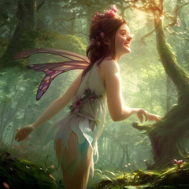 a smiling fairy living in a magical forest near a splendid spring