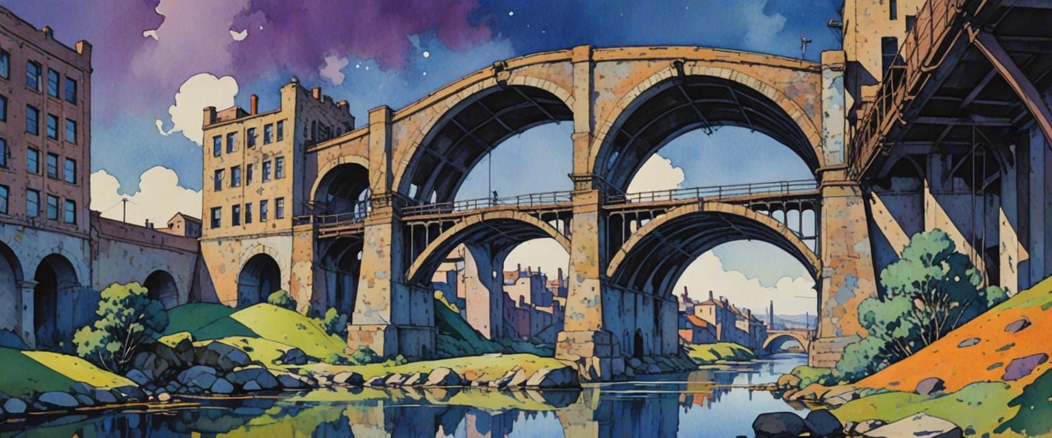 Industrial Wasteland with Bridge in Impressionist Style