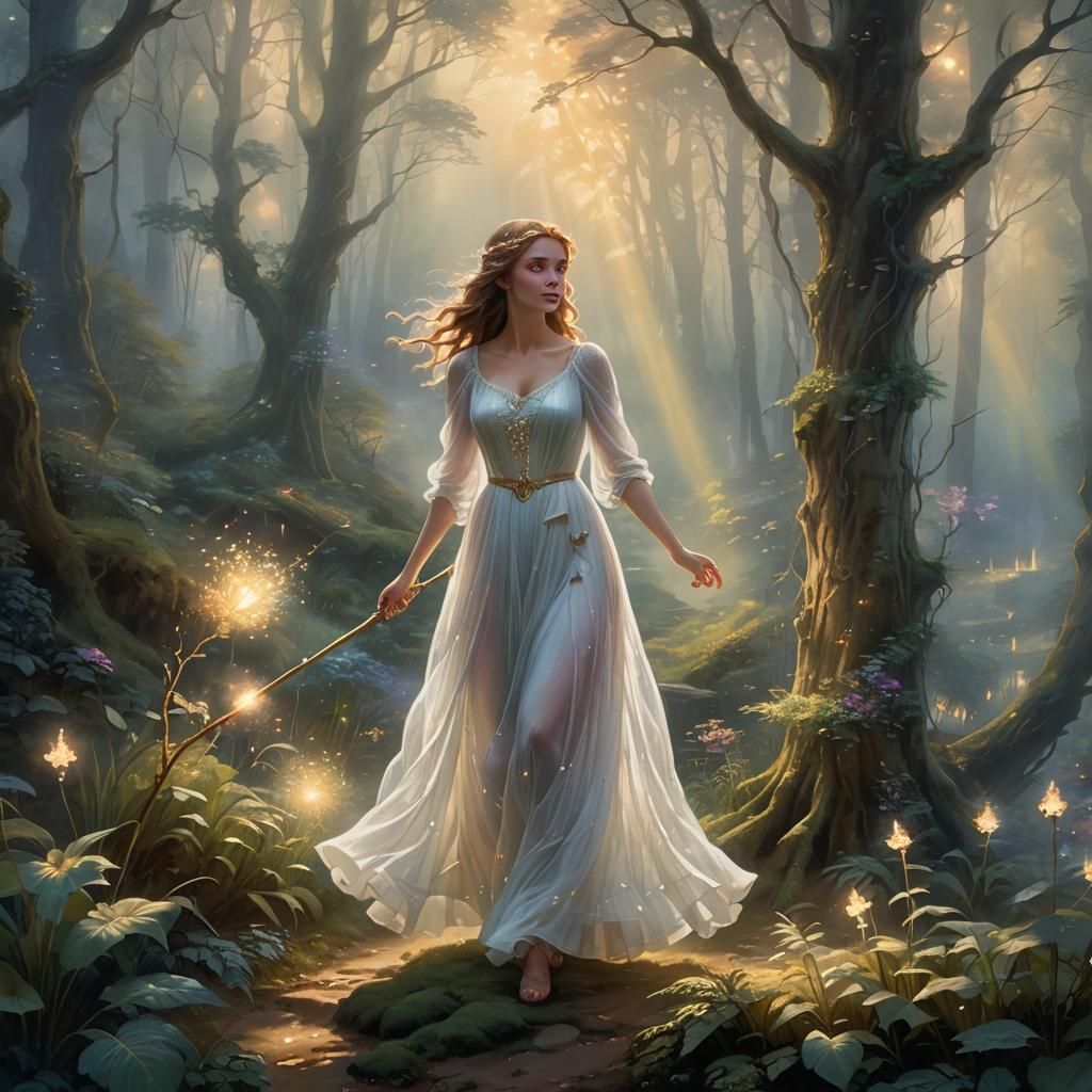 Girl with Magical Staff in Misty Forest