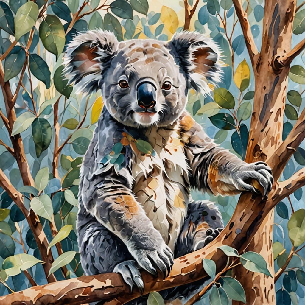 Koala in Eucalyptus Tree, Gouache Style Impressionism