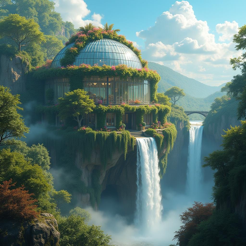 Lush Greenhouse Beside Waterfall, Digital Matte Painting