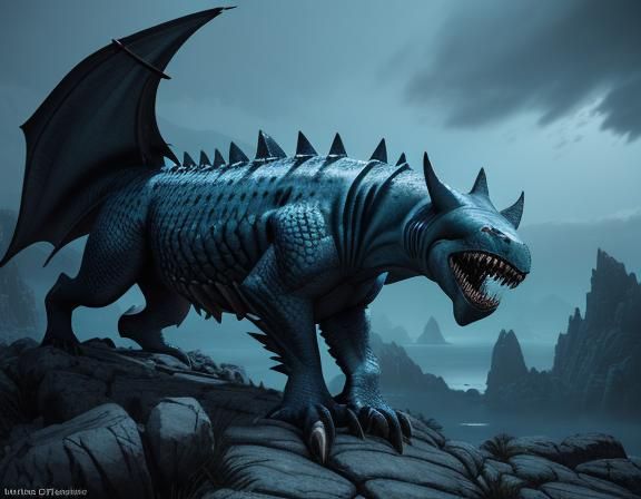 Mutated Shark Wyvern Panther Hybrid on Rocky Cliff
