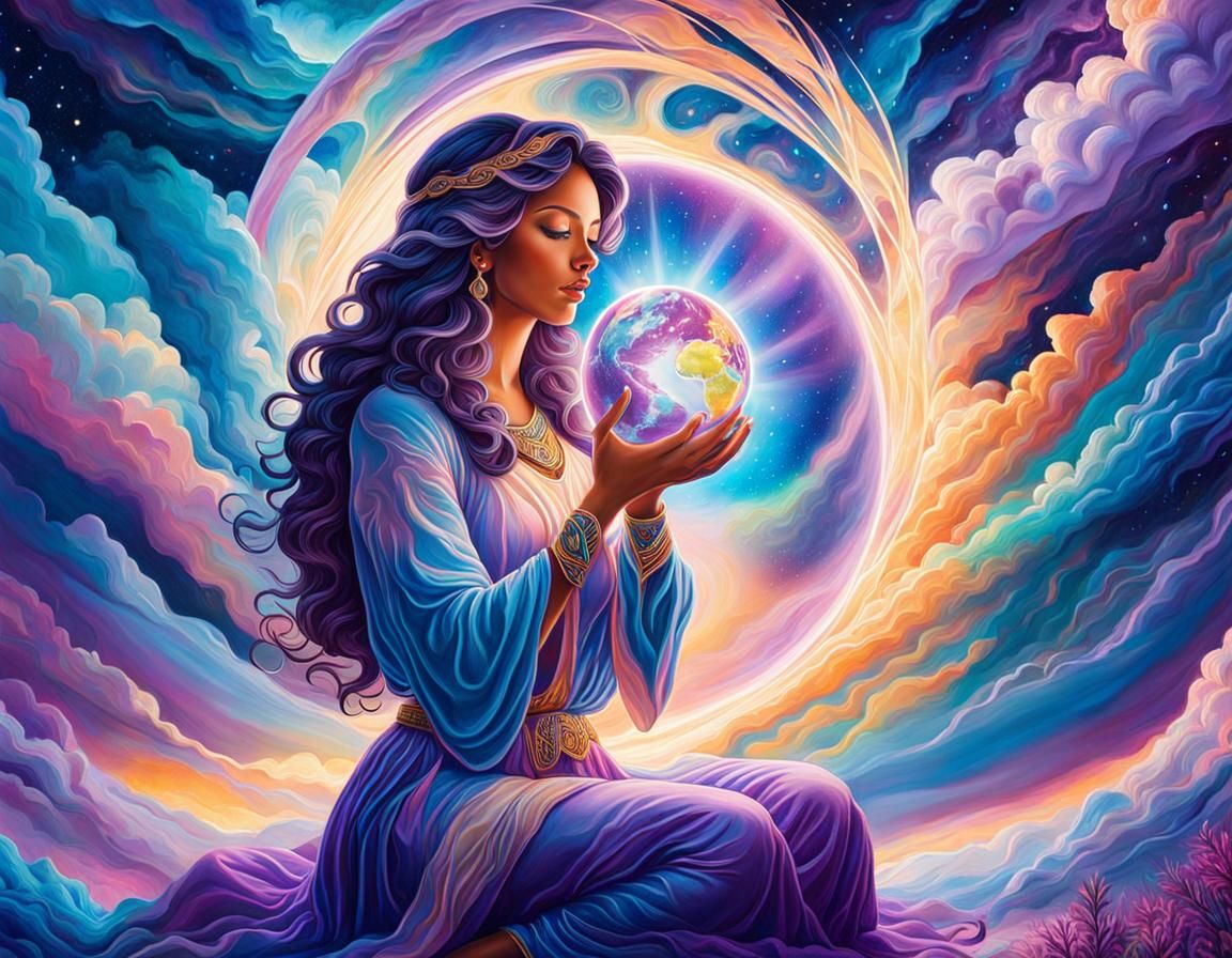Woman Holds Glowing World: Mixed Media Illustration