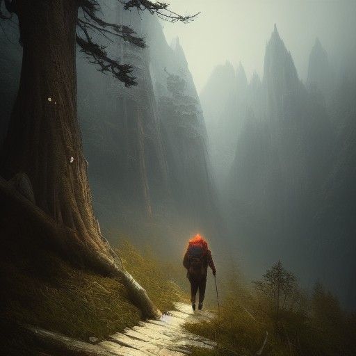 Misty Mountain Hike: Dark Fantasy Concept Art