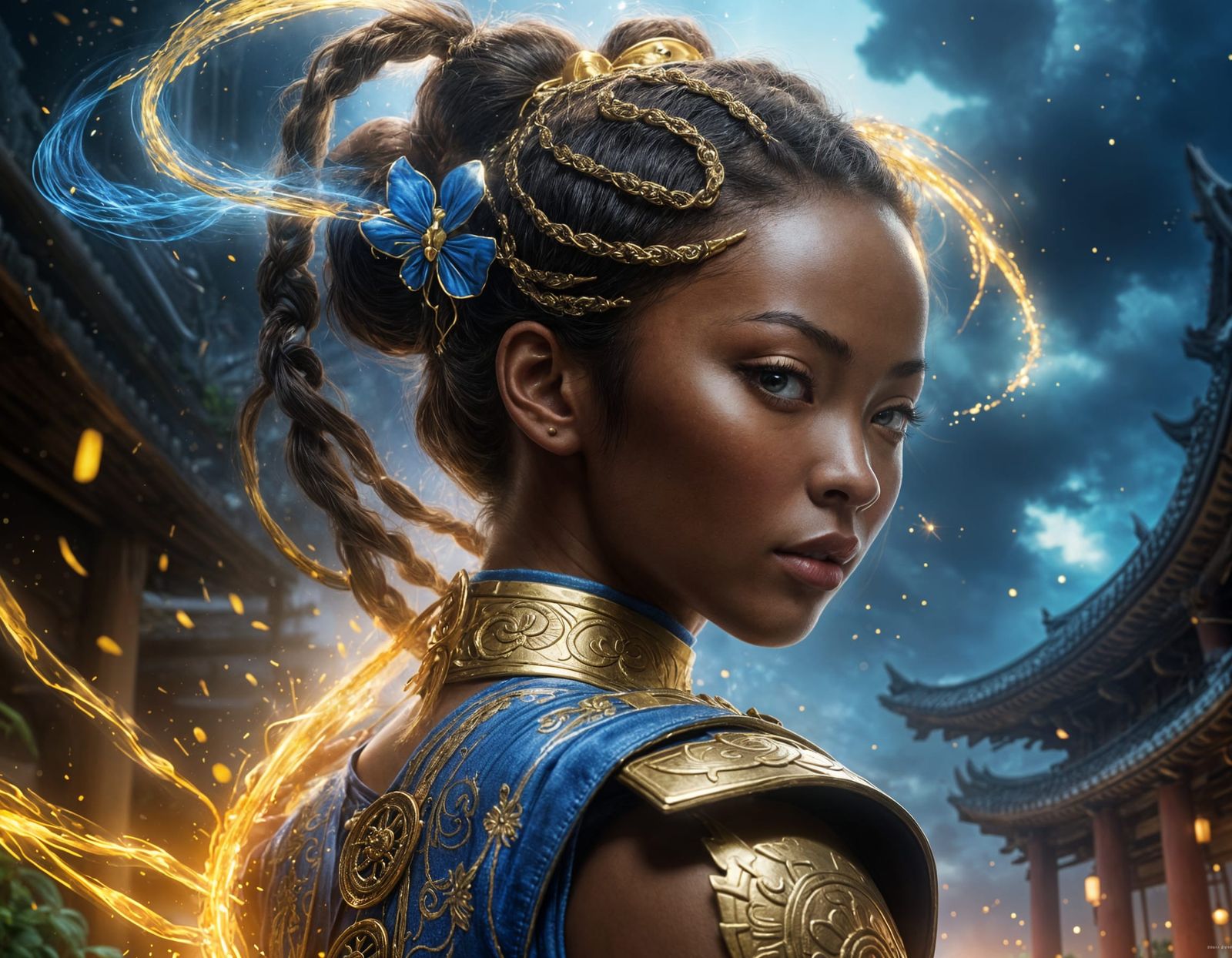 Dark-Skinned Shaolin Warrior in Blue and Gold Kung Fu Suit