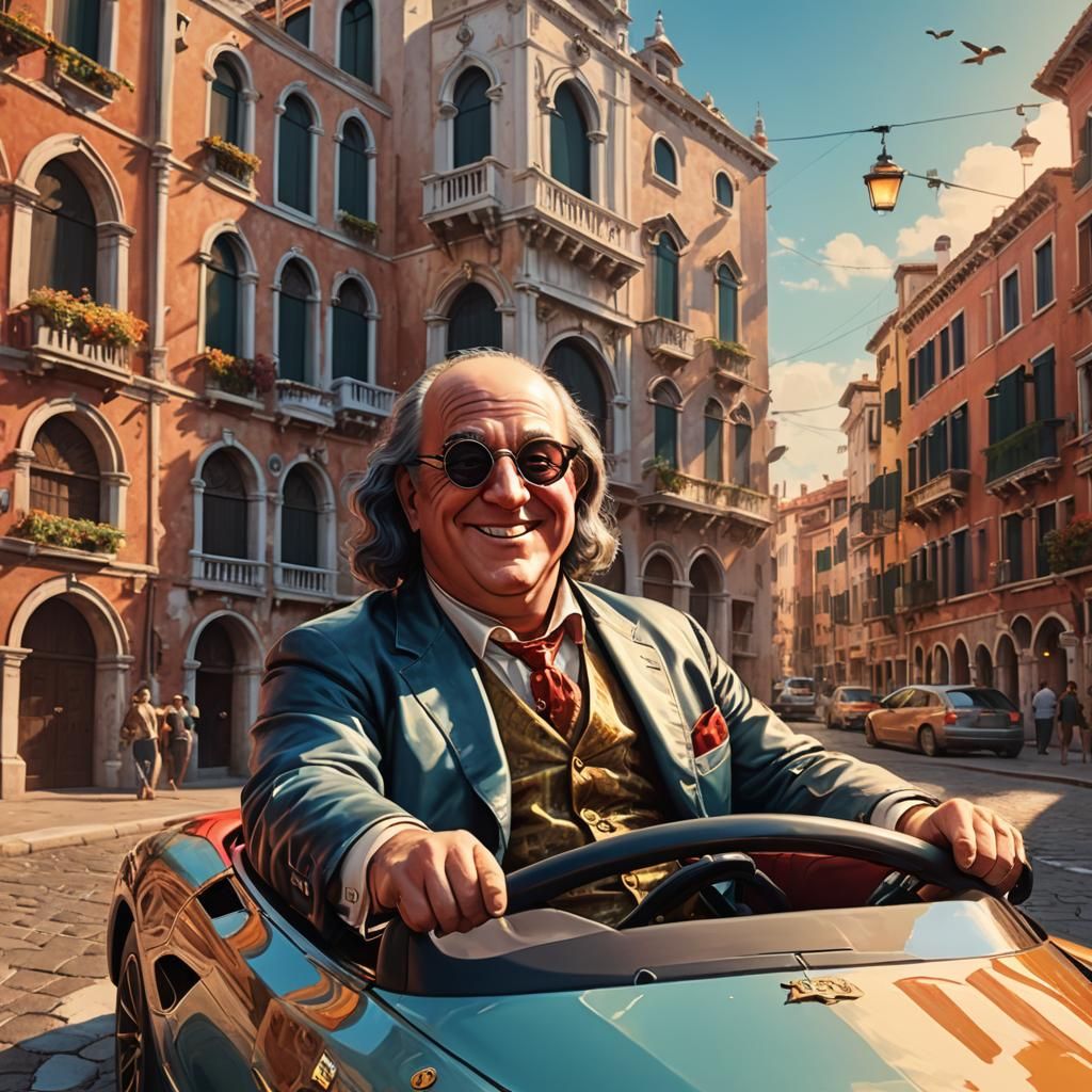 Benjamin Franklin Drives Ferrari in Venice: 3D Digital Art
