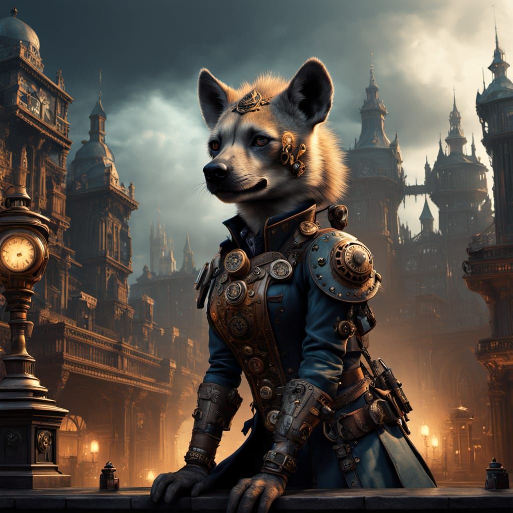 Steampunk Hyena in Clockwork City, Digital Art