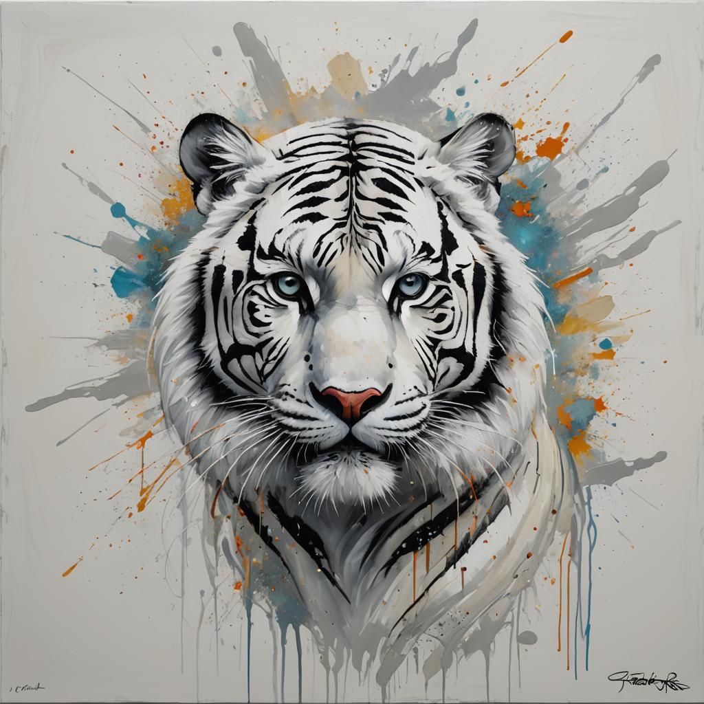 Abstract Acrylic Painting of a White Tiger