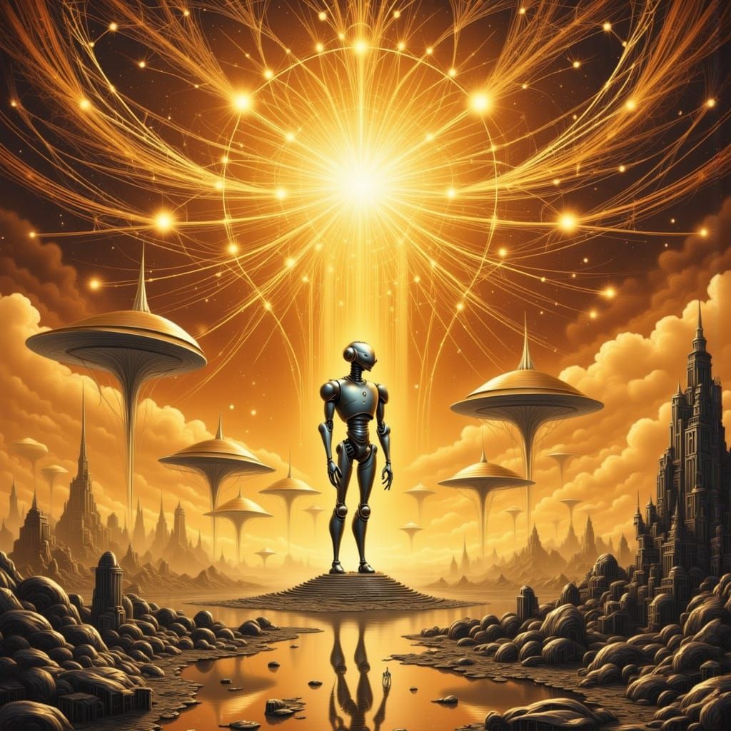 Retro Robots Emerge from Golden Rays and Webbing