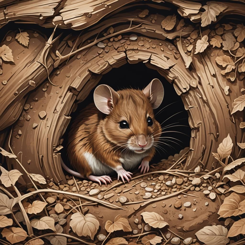 Sleeping Brown Mouse in Burrow Illustration