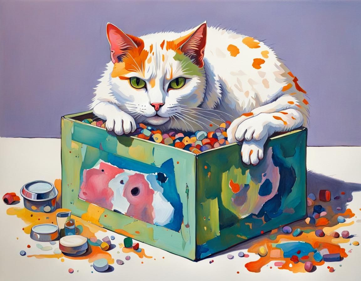 Vibrant Feline Portrayal in a Tiny Box