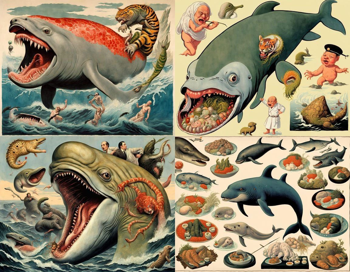 Surreal 1940s Japanese Dugong-Hydra Mutant Abomination