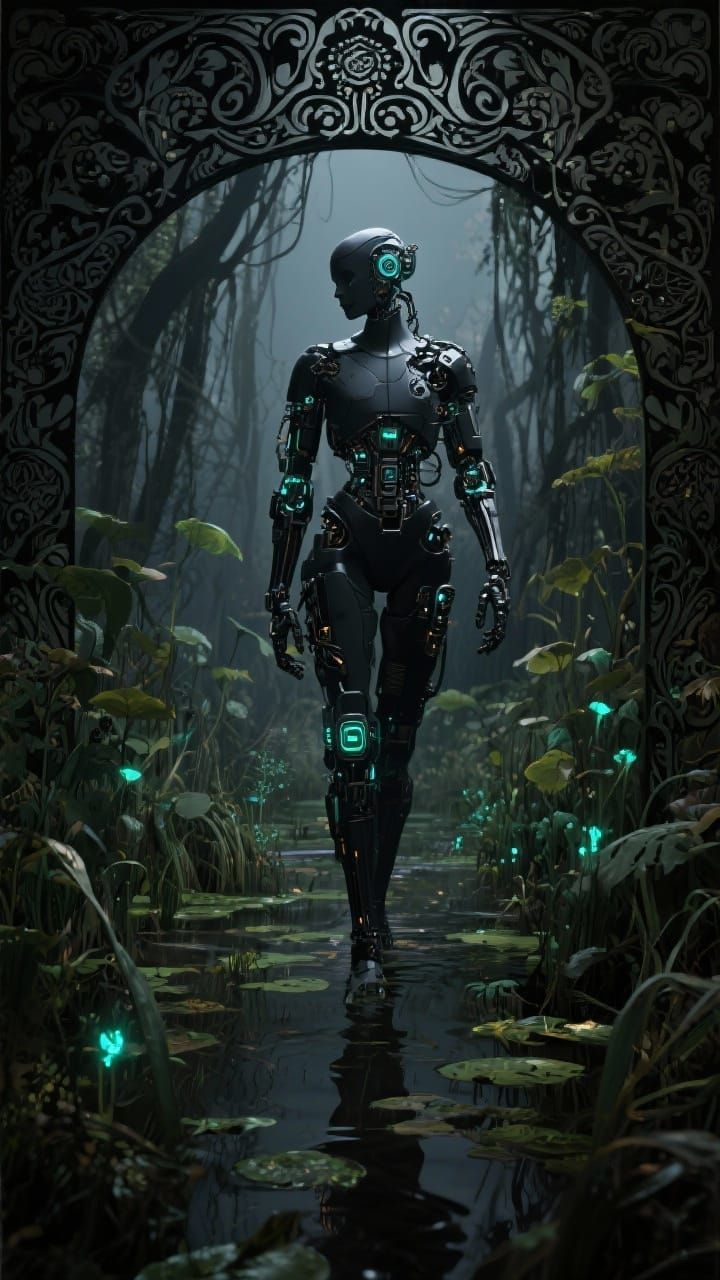 Cybernetic Swamp Dweller in Art Nouveau Style