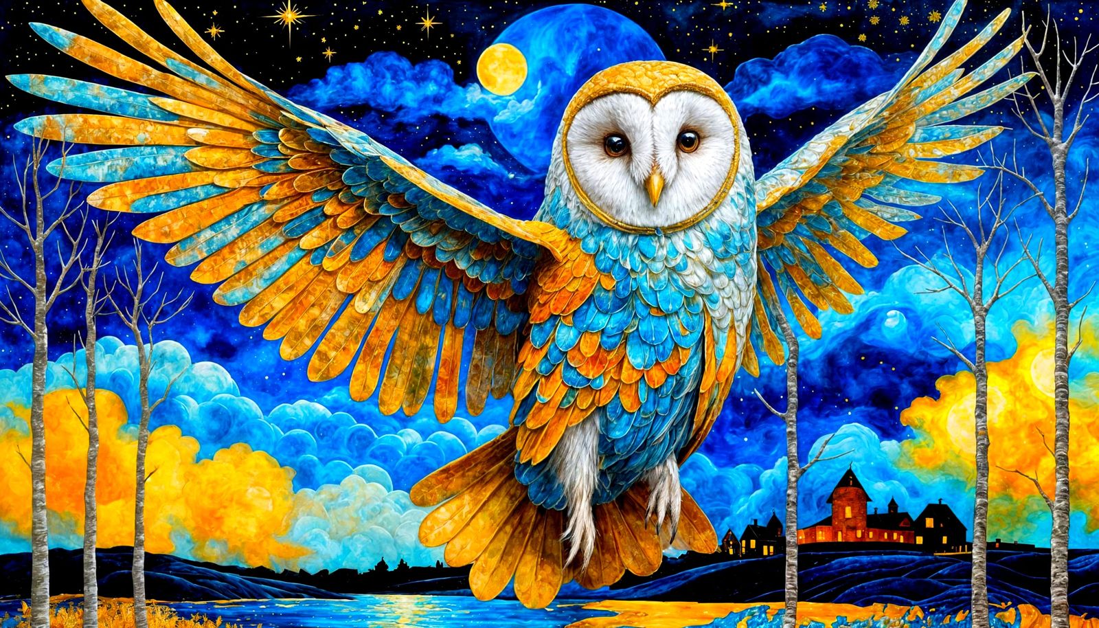 Velvet Barn Owl in Cosmic Seascape