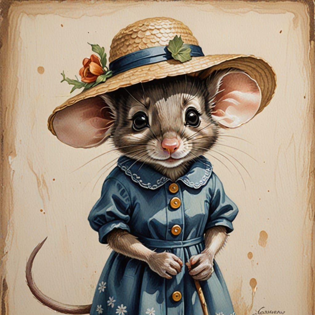 Shy Mouse in Dress and Hat: Lowbrow 60s Painting