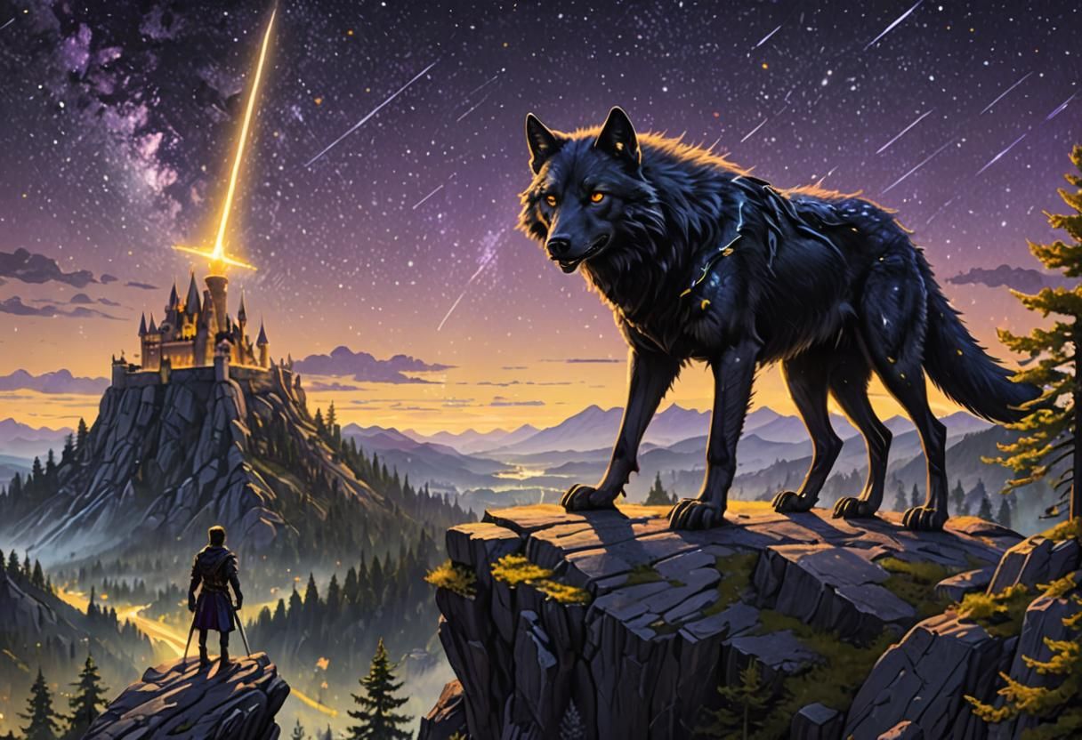 Giant Black Wolf Under a Sky Full of Stars