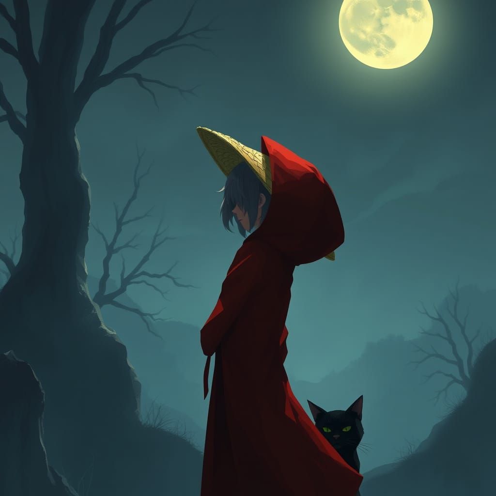 Sonata in Moonlight with Gray Hair and Black Cat