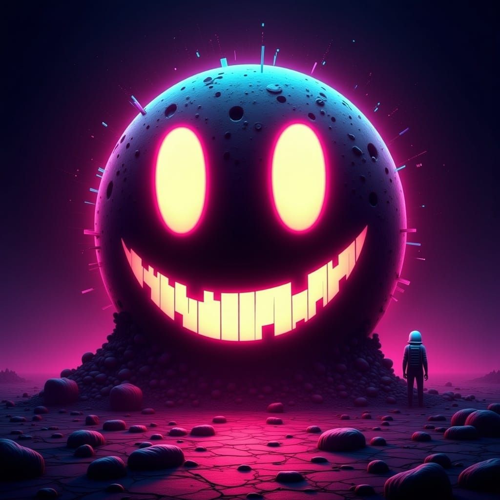 Neon Smiley Face in Glitchcore Dystopian Style