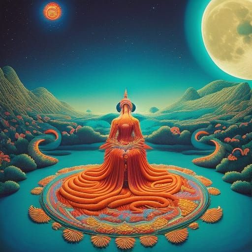 Surreal Bird-Woman in Neon Sun and Moon Bed