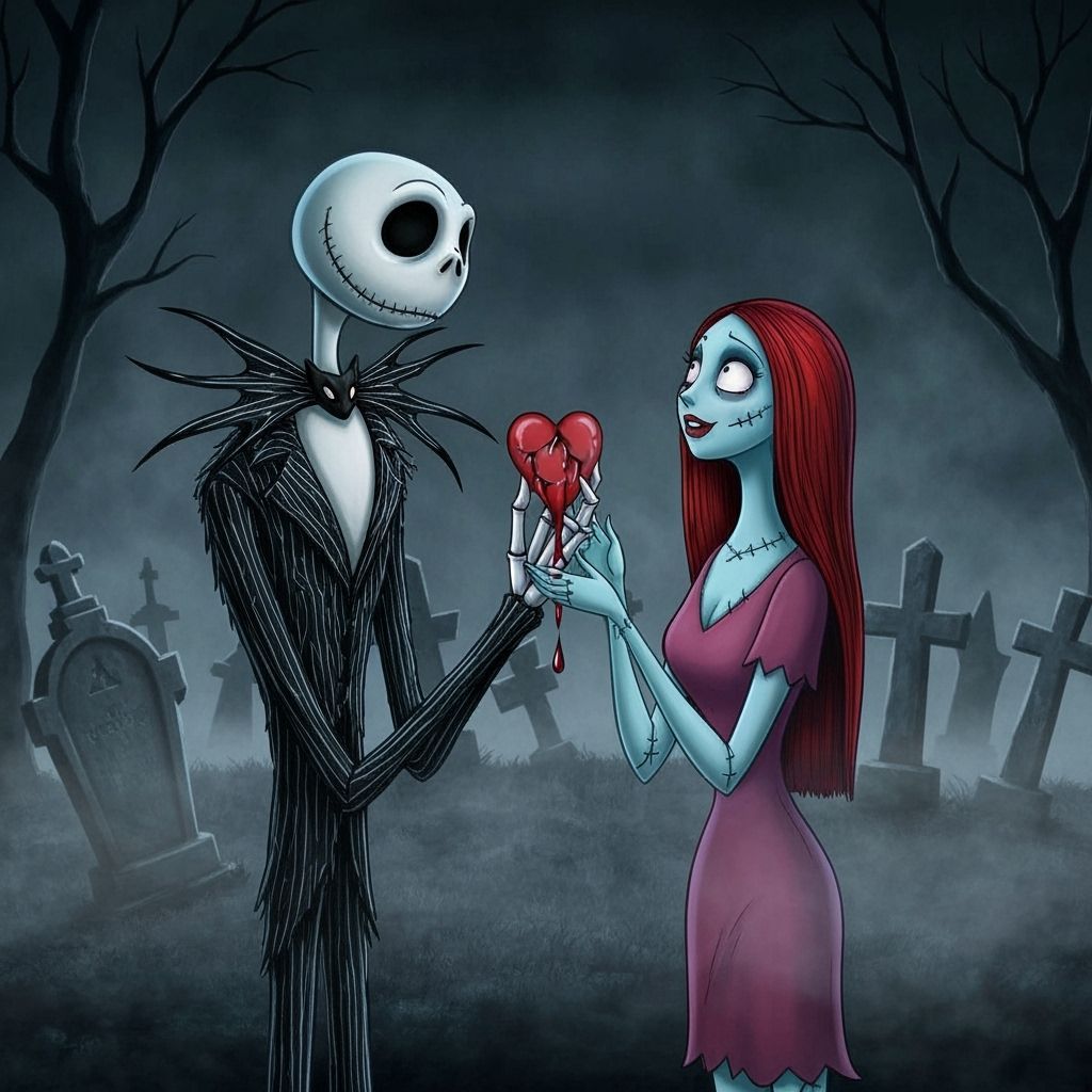 Jack Skellington and Sally in a Gothic Cemetery